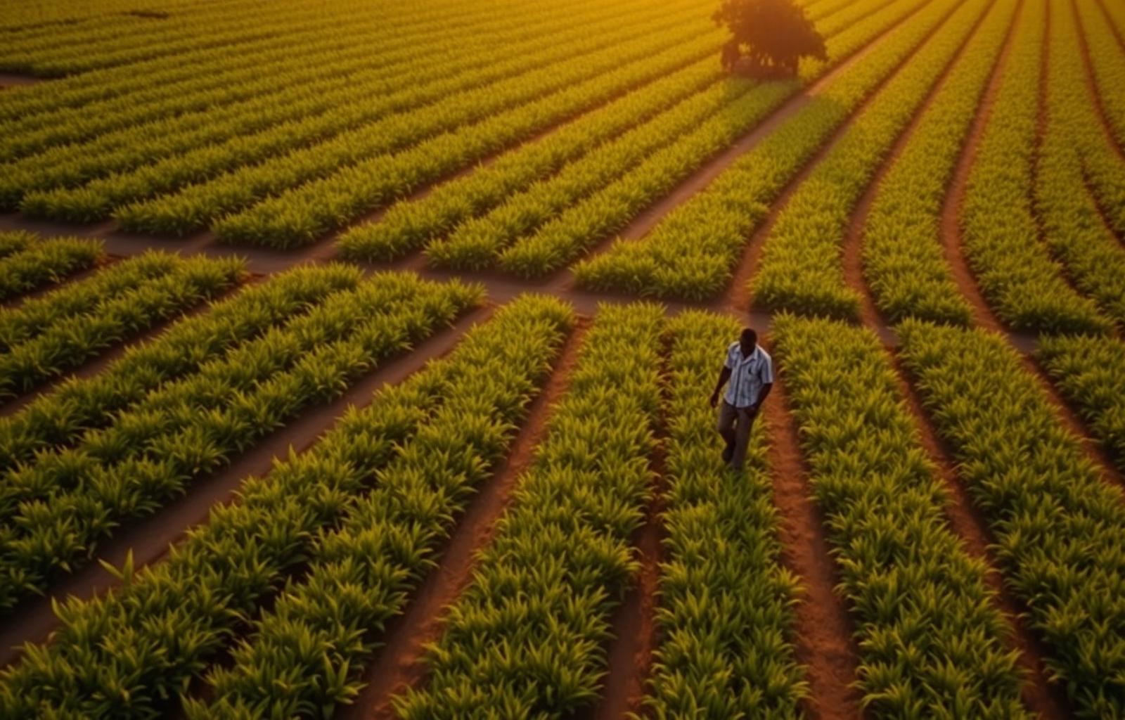 Champs agricoles africains au coucher du soleil